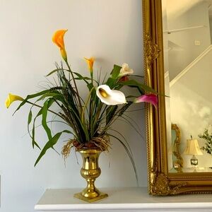 Brass pedestal vase calla Lilly arrangements dry and faux greenery home decor‎